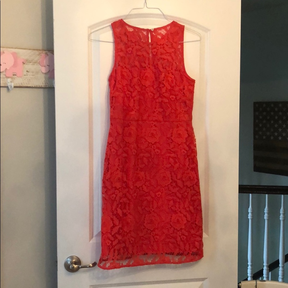 Coral colored crochet fitted dress from J Crew